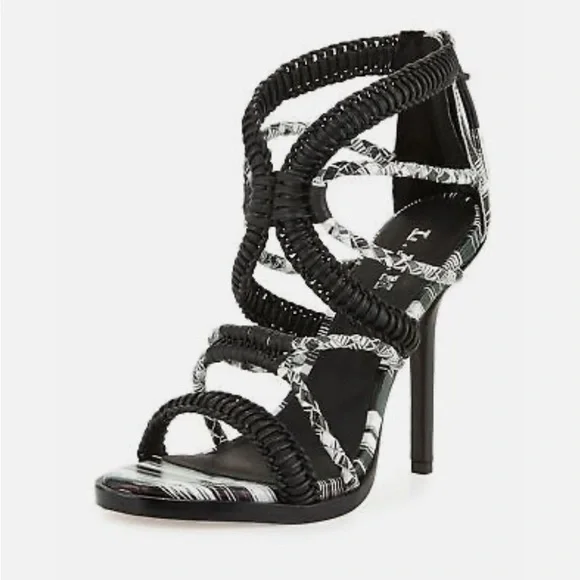 L.A.M.B Zebra Vine Black and White Strappy Leather Heels Sandals Size 8.5 - Picture 1 of 15